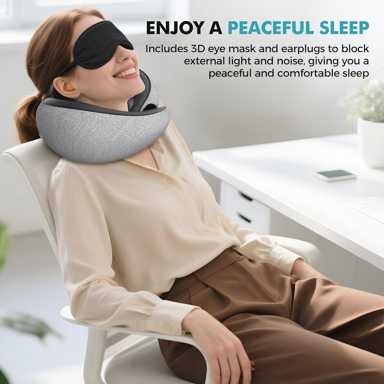 FIOGIKO Travel Neck Pillows for Airplanes - 360° Ergonomic Memory Foam Travel Pillow - Relief Neck Pain with Breathable Support for Long Flights, Car, Train & Office Use - Adults & Kids - 6