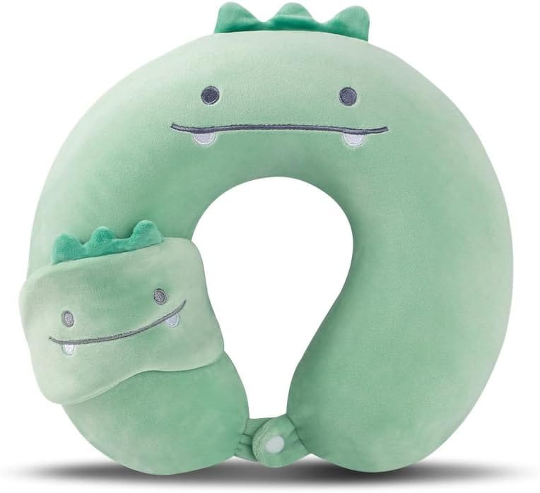 MissSoul Kids Neck Pillow for Travel with Sleep Eye Mask, Cute Travel Neck Pillow, Memory Foam Flight Sleeping Headrest Pillow for Boys & Girls, Airplane, Train, Car, Home Use - Green Dinosaur - 1