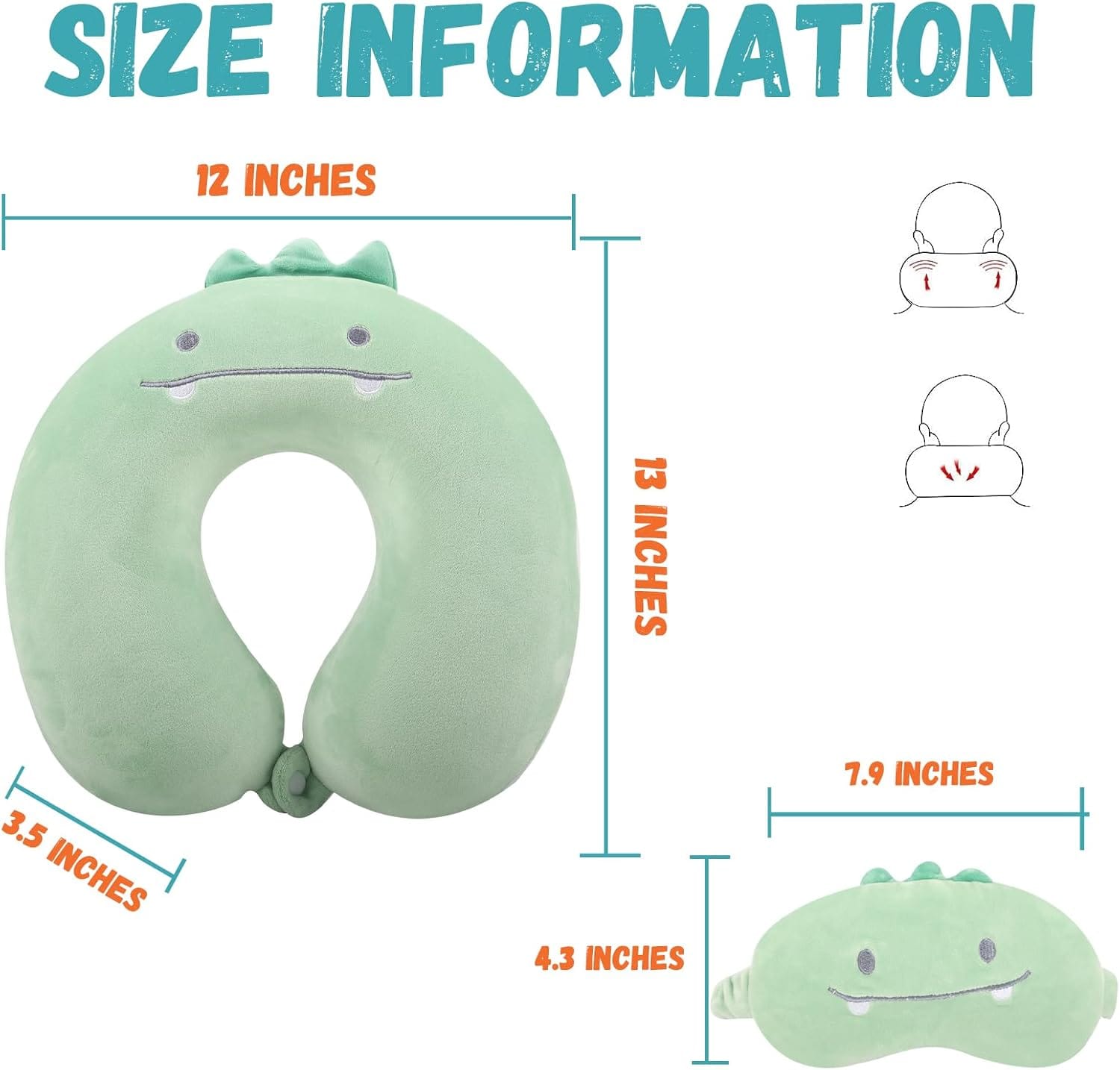 MissSoul Kids Neck Pillow for Travel with Sleep Eye Mask, Cute Travel Neck Pillow, Memory Foam Flight Sleeping Headrest Pillow for Boys & Girls, Airplane, Train, Car, Home Use - Green Dinosaur - Image 5