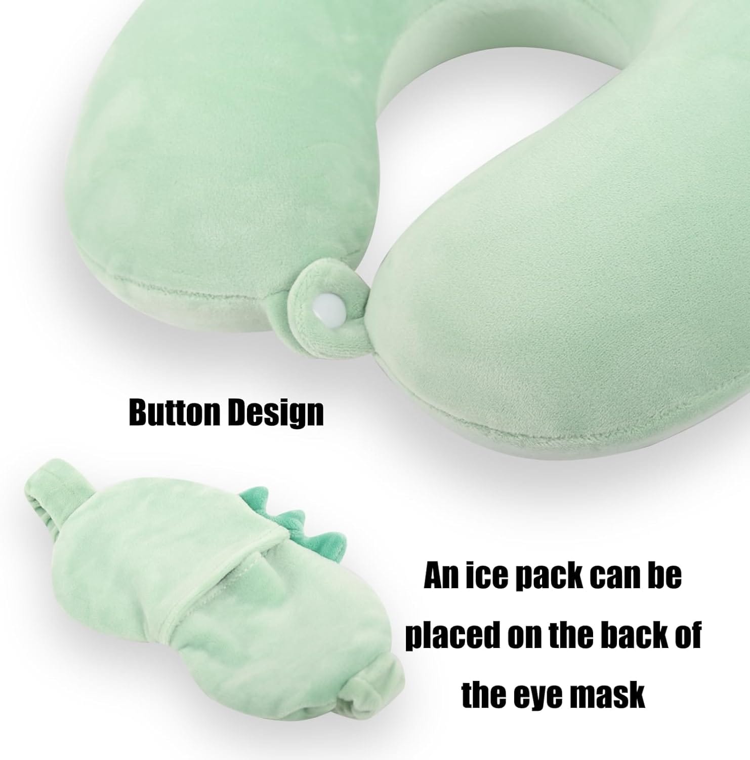 MissSoul Kids Neck Pillow for Travel with Sleep Eye Mask, Cute Travel Neck Pillow, Memory Foam Flight Sleeping Headrest Pillow for Boys & Girls, Airplane, Train, Car, Home Use - Green Dinosaur - 3