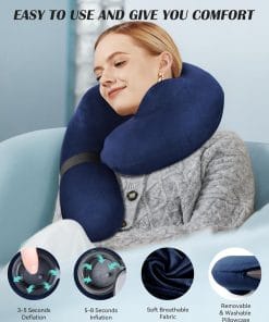 Patented Design Inflatable Travel Neck Pillow – Airplane Neck Pillow with 360° Head & Neck Support, Soft Washable Velvet Cover, Compact Neck Support Pillow for Airplane,Train,Car,Office & Home - 2