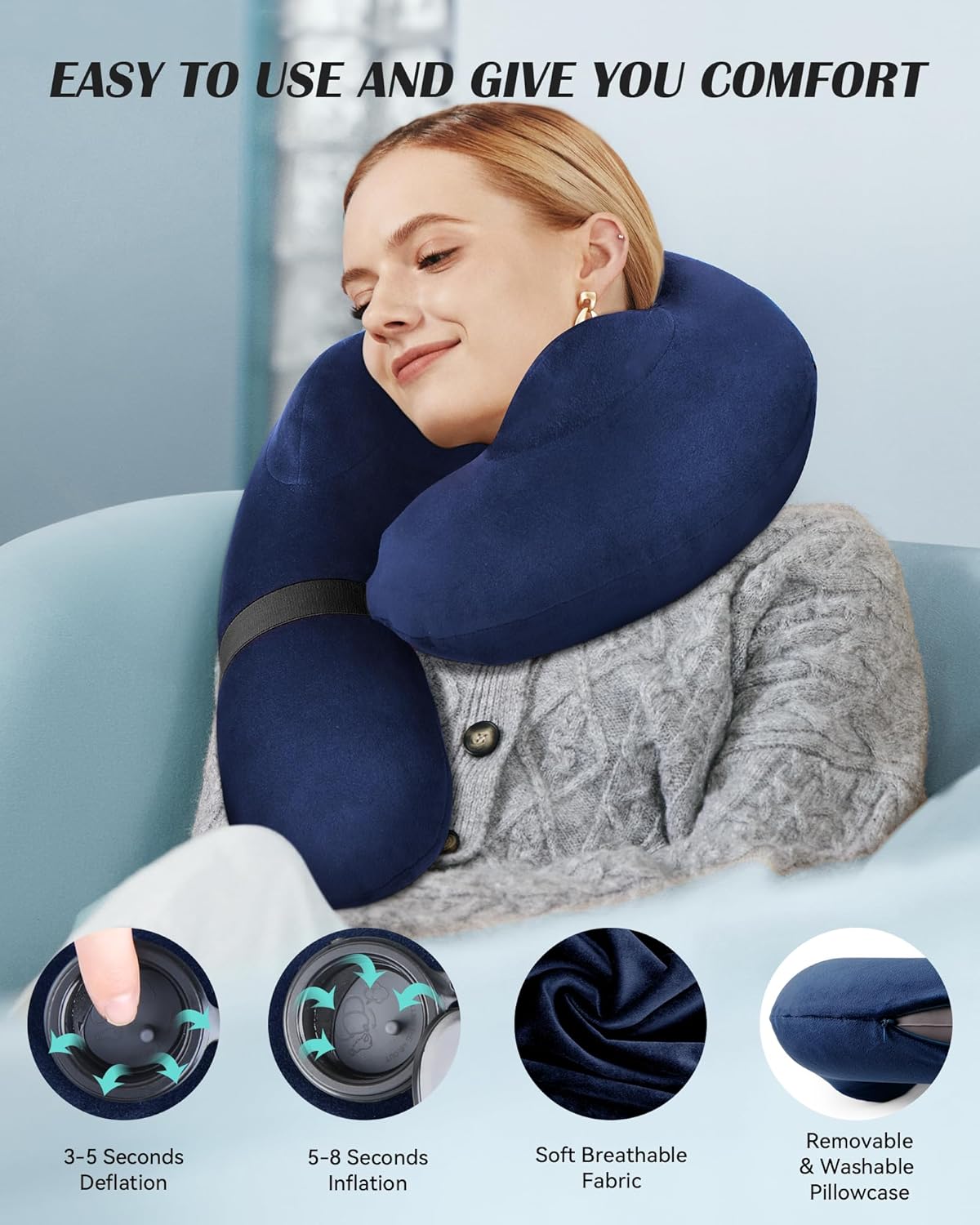 Patented Design Inflatable Travel Neck Pillow – Airplane Neck Pillow with 360° Head & Neck Support, Soft Washable Velvet Cover, Compact Neck Support Pillow for Airplane,Train,Car,Office & Home - 2