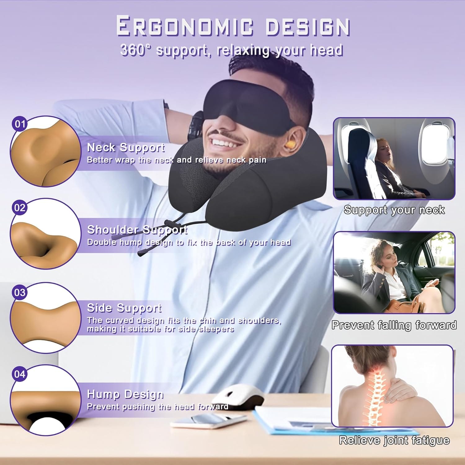 Phent zari Neck Travel Pillow, Upgraded Memory Foam Pillow for Airplane, Machine Washable, Adjustable Flight Pillow, Suitable for Sleeping Airplane, Car, Office and Home - 3