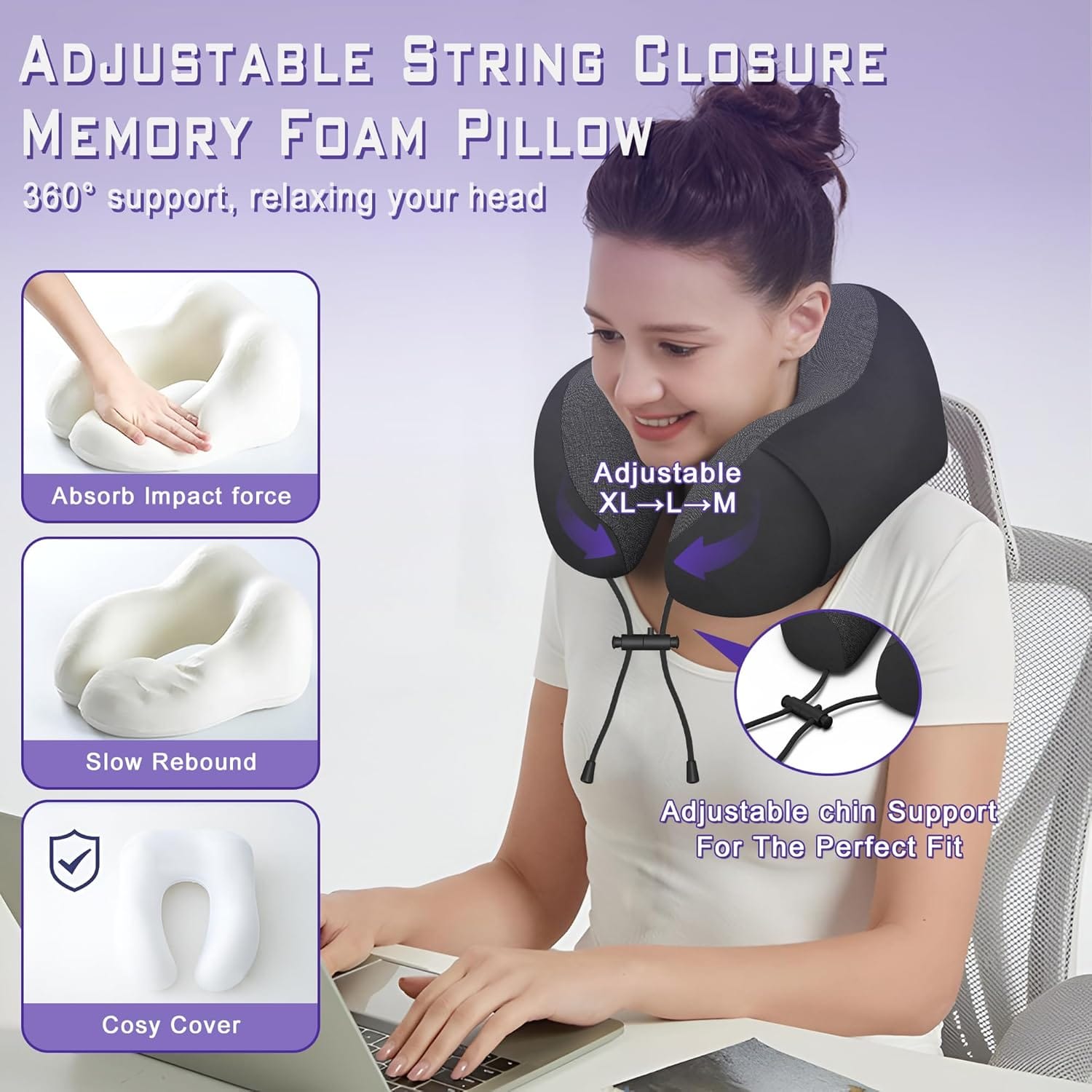 Phent zari Neck Travel Pillow, Upgraded Memory Foam Pillow for Airplane, Machine Washable, Adjustable Flight Pillow, Suitable for Sleeping Airplane, Car, Office and Home - 4