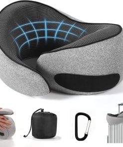 SZXYX Travel Pillows - 100% Pure Memory Foam Neck Pillow for Airplanes, Comfortable Breathable Cover, 360° Support Stowable Pillows for Sleeping, Car, Airport Travel Essentials Dark Grey - 1