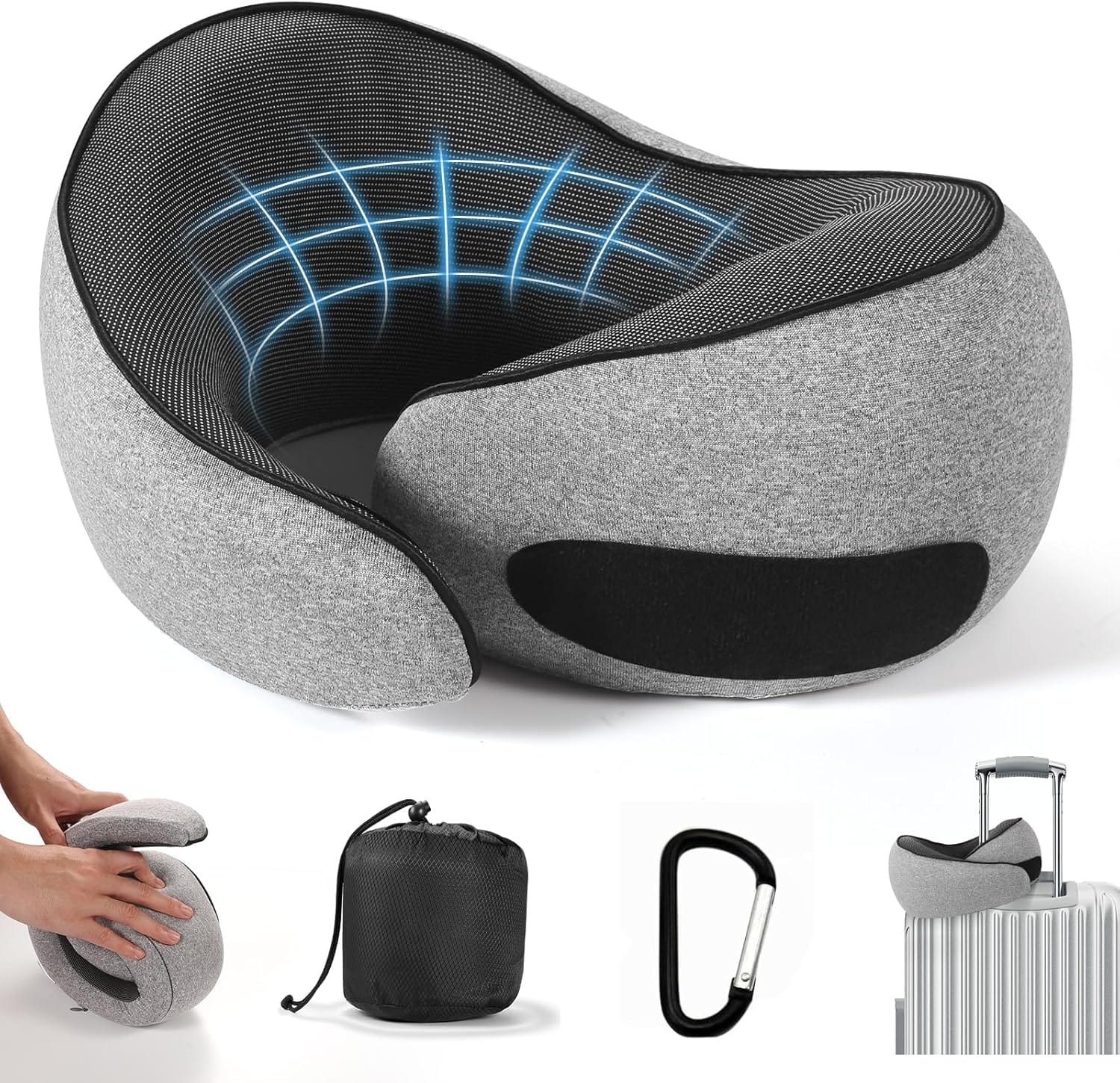 SZXYX Travel Pillows - 100% Pure Memory Foam Neck Pillow for Airplanes, Comfortable Breathable Cover, 360° Support Stowable Pillows for Sleeping, Car, Airport Travel Essentials Dark Grey - 1