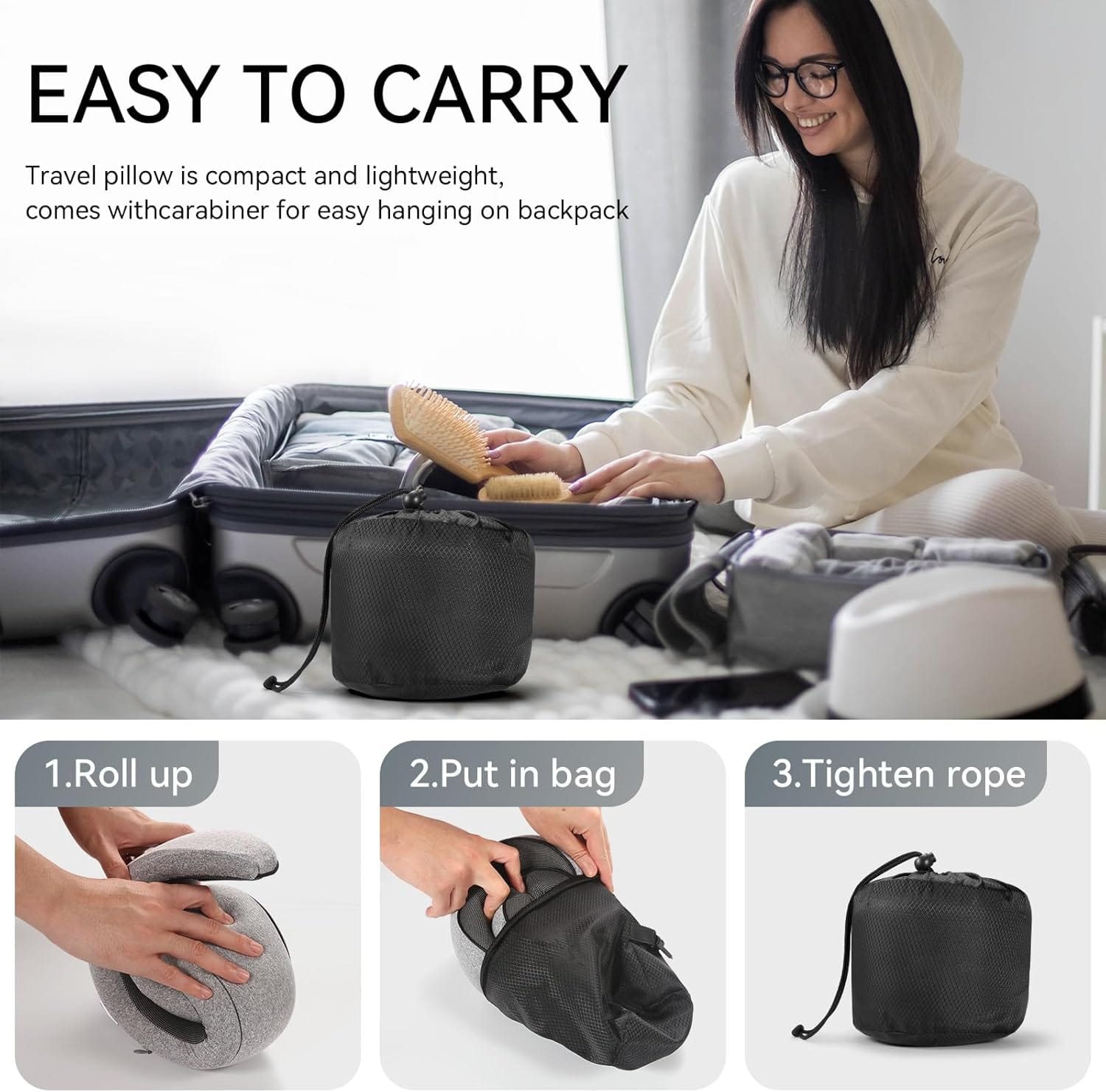 SZXYX Travel Pillows - 100% Pure Memory Foam Neck Pillow for Airplanes, Comfortable Breathable Cover, 360° Support Stowable Pillows for Sleeping, Car, Airport Travel Essentials Dark Grey - 4