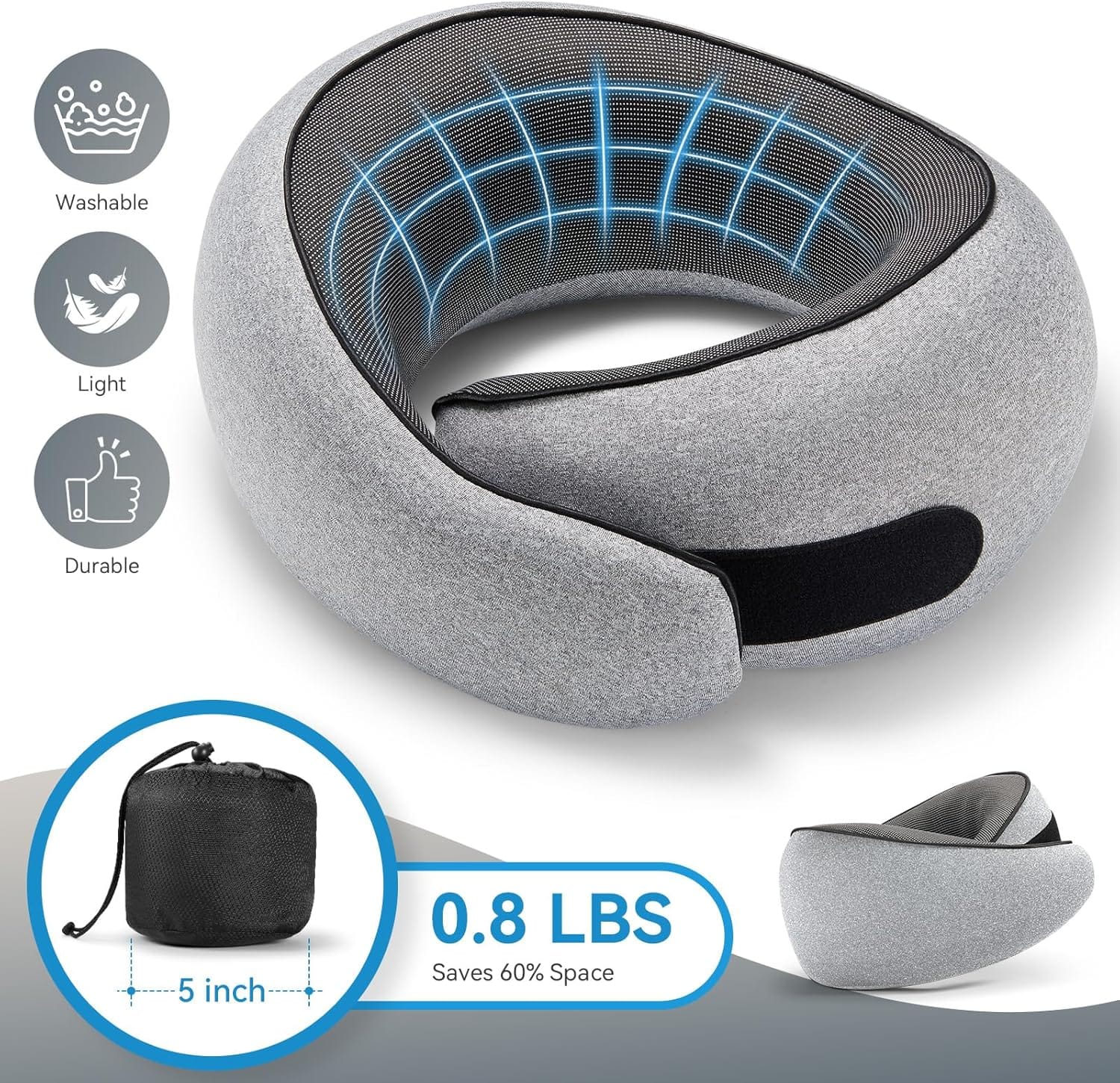 SZXYX Travel Pillows - 100% Pure Memory Foam Neck Pillow for Airplanes, Comfortable Breathable Cover, 360° Support Stowable Pillows for Sleeping, Car, Airport Travel Essentials Dark Grey - 5