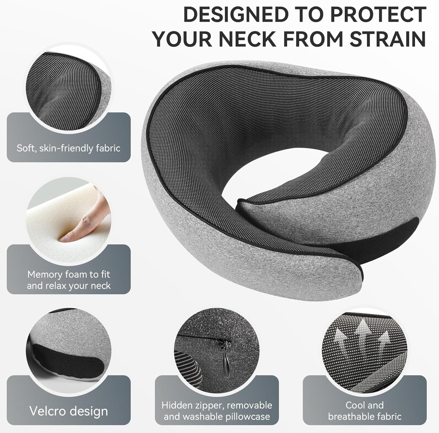 SZXYX Travel Pillows - 100% Pure Memory Foam Neck Pillow for Airplanes, Comfortable Breathable Cover, 360° Support Stowable Pillows for Sleeping, Car, Airport Travel Essentials Dark Grey - 7