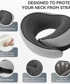 SZXYX Travel Pillows - 100% Pure Memory Foam Neck Pillow for Airplanes, Comfortable Breathable Cover, 360° Support Stowable Pillows for Sleeping, Car, Airport Travel Essentials Dark Grey - 8