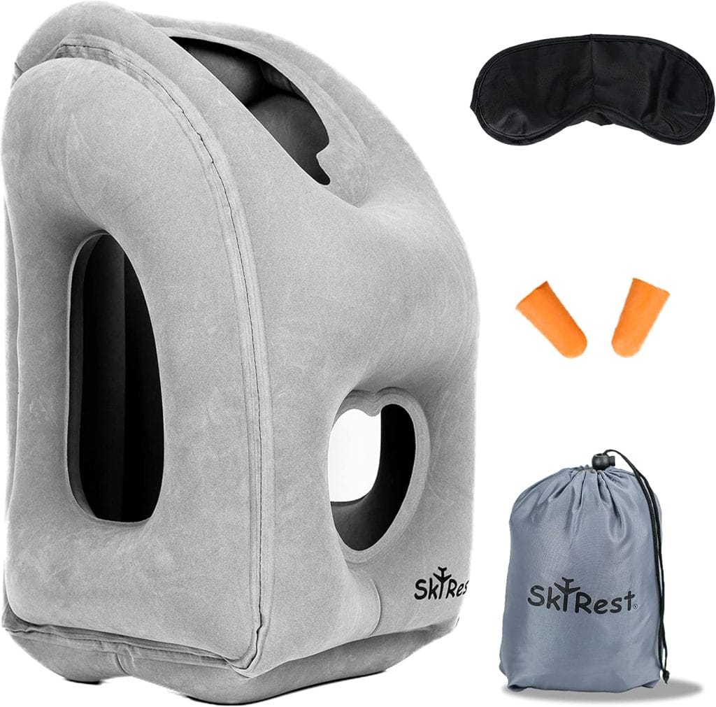 Skyrest Inflatable Travel Pillow – Airplane Pillow for Neck Support on Long Flights, Buses, Cars, Office & Trains – Comes with Eye Mask, Earplugs & Portable Drawstring Bag – Grey