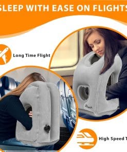 Skyrest Inflatable Travel Pillow - Airplane Pillow for Neck Support on Long Flights, Buses, Cars, Office & Trains - Comes with Eye Mask, Earplugs & Portable Drawstring Bag - Grey - 2