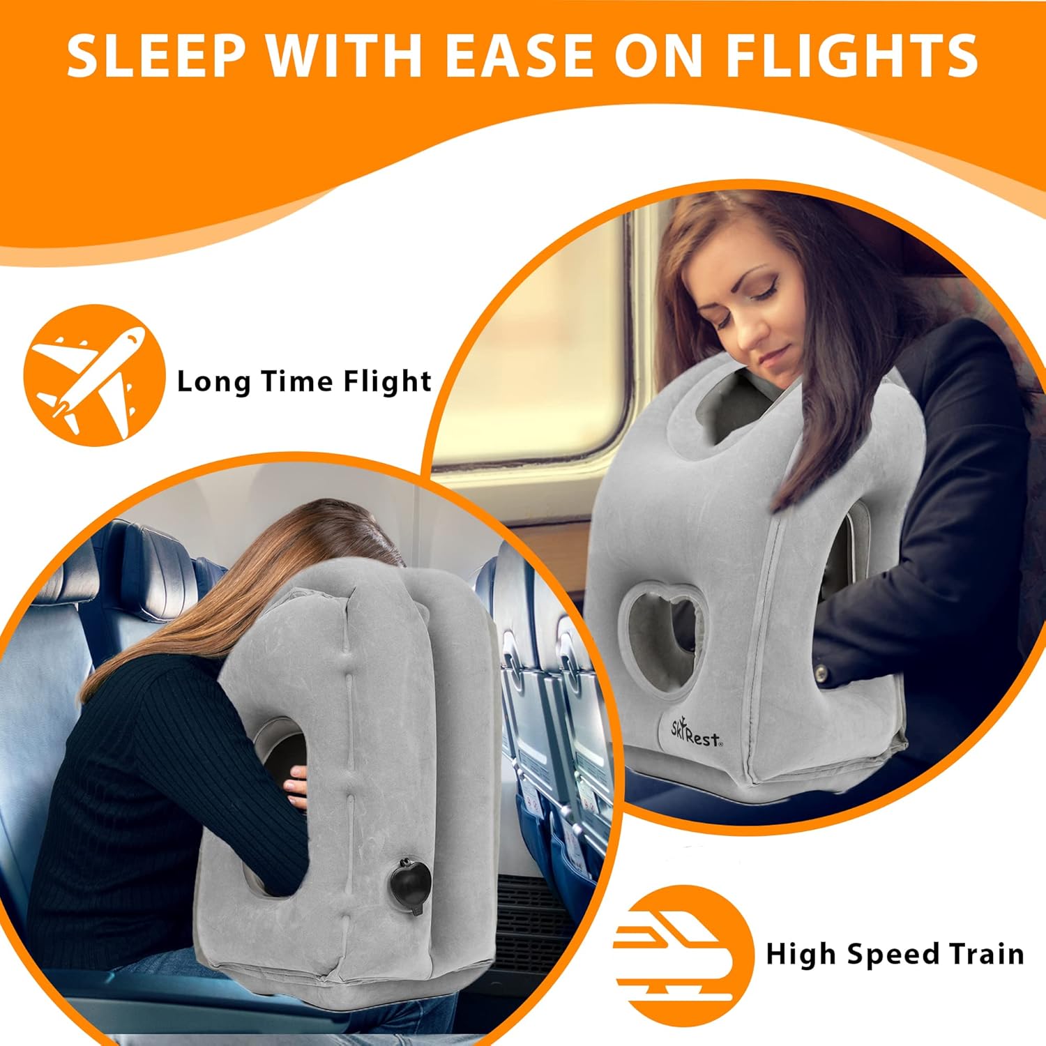 Skyrest Inflatable Travel Pillow - Airplane Pillow for Neck Support on Long Flights, Buses, Cars, Office & Trains - Comes with Eye Mask, Earplugs & Portable Drawstring Bag - Grey - 2