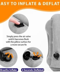 Skyrest Inflatable Travel Pillow - Airplane Pillow for Neck Support on Long Flights, Buses, Cars, Office & Trains - Comes with Eye Mask, Earplugs & Portable Drawstring Bag - Grey - 3