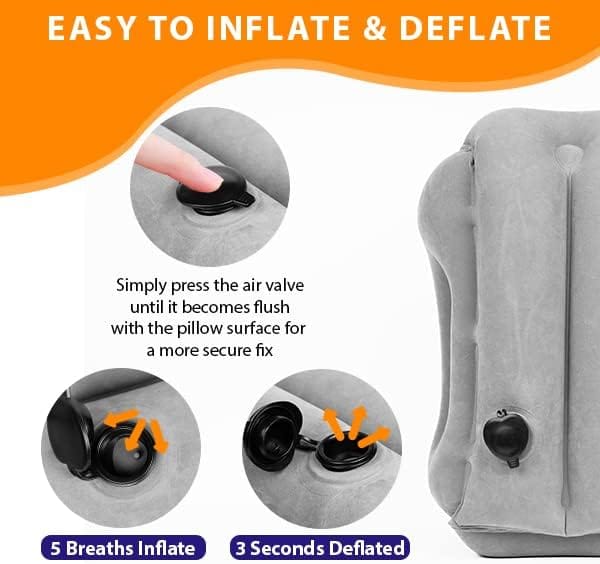 Skyrest Inflatable Travel Pillow - Airplane Pillow for Neck Support on Long Flights, Buses, Cars, Office & Trains - Comes with Eye Mask, Earplugs & Portable Drawstring Bag - Grey - 3
