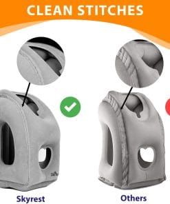 Skyrest Inflatable Travel Pillow - Airplane Pillow for Neck Support on Long Flights, Buses, Cars, Office & Trains - Comes with Eye Mask, Earplugs & Portable Drawstring Bag - Grey - 4