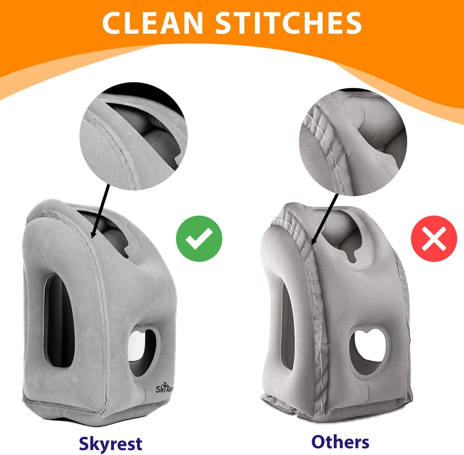 Skyrest Inflatable Travel Pillow - Airplane Pillow for Neck Support on Long Flights, Buses, Cars, Office & Trains - Comes with Eye Mask, Earplugs & Portable Drawstring Bag - Grey - 4