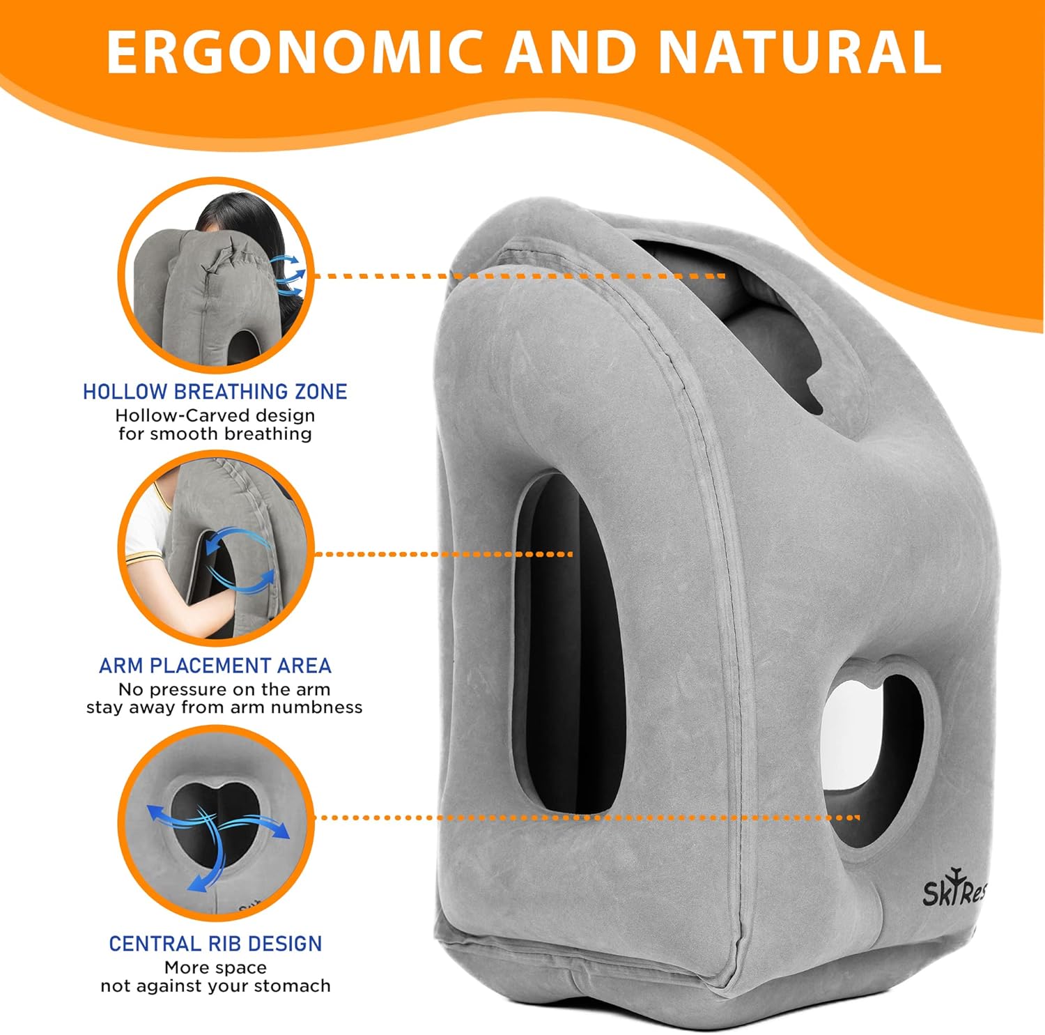 Skyrest Inflatable Travel Pillow - Airplane Pillow for Neck Support on Long Flights, Buses, Cars, Office & Trains - Comes with Eye Mask, Earplugs & Portable Drawstring Bag - Grey - 5