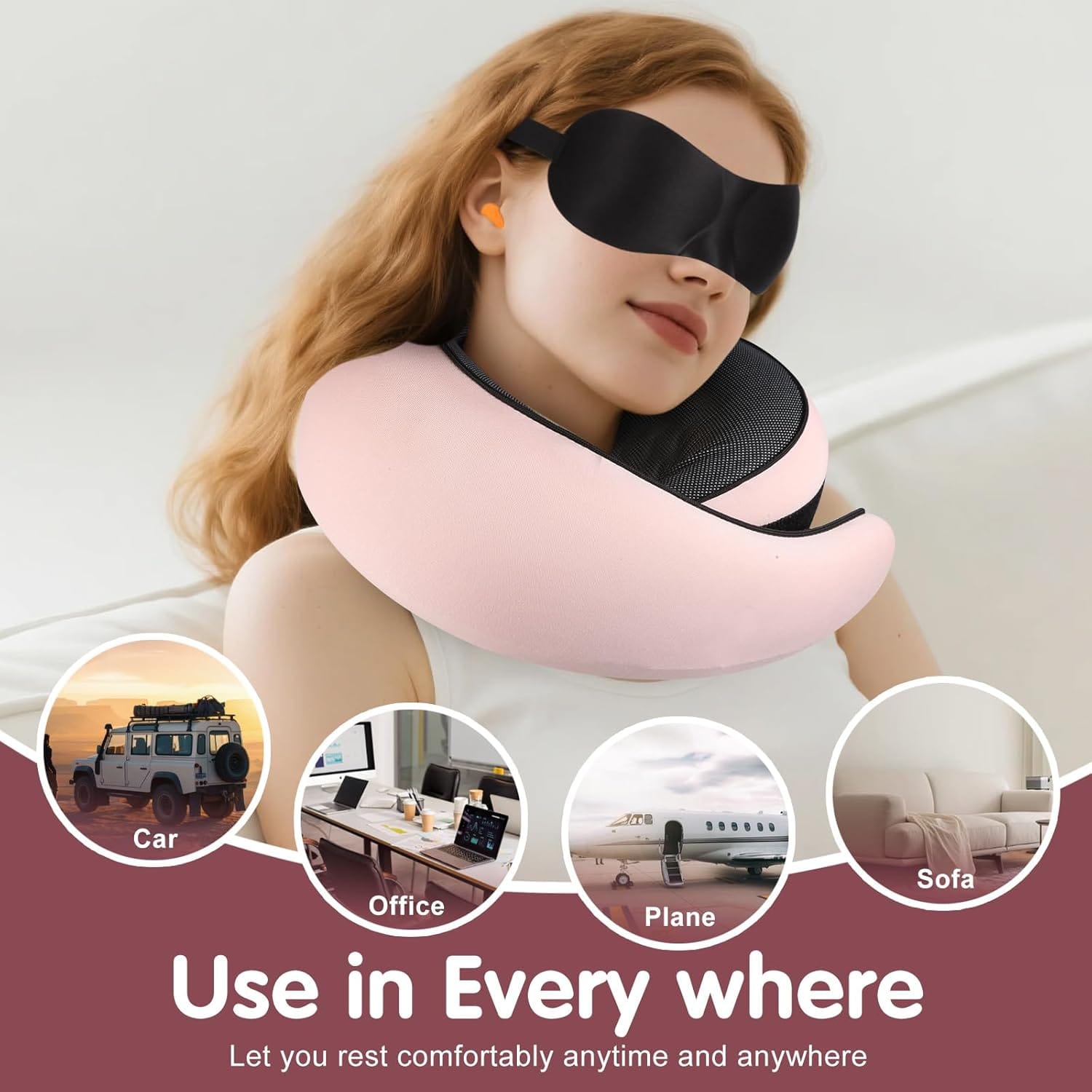 Vietora Eud Travel Neck Pillow, Memory Foam Neck Support for Airplane, Car & Office, Breathable Portable Design with Eye Mask, Earplug Holder & Carry Bag, Gift for Women - 3