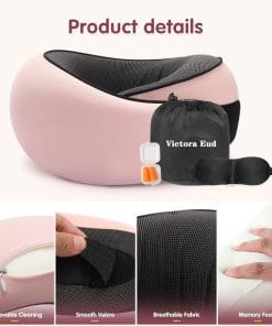 Vietora Eud Travel Neck Pillow, Memory Foam Neck Support for Airplane, Car & Office, Breathable Portable Design with Eye Mask, Earplug Holder & Carry Bag, Gift for Women - 5