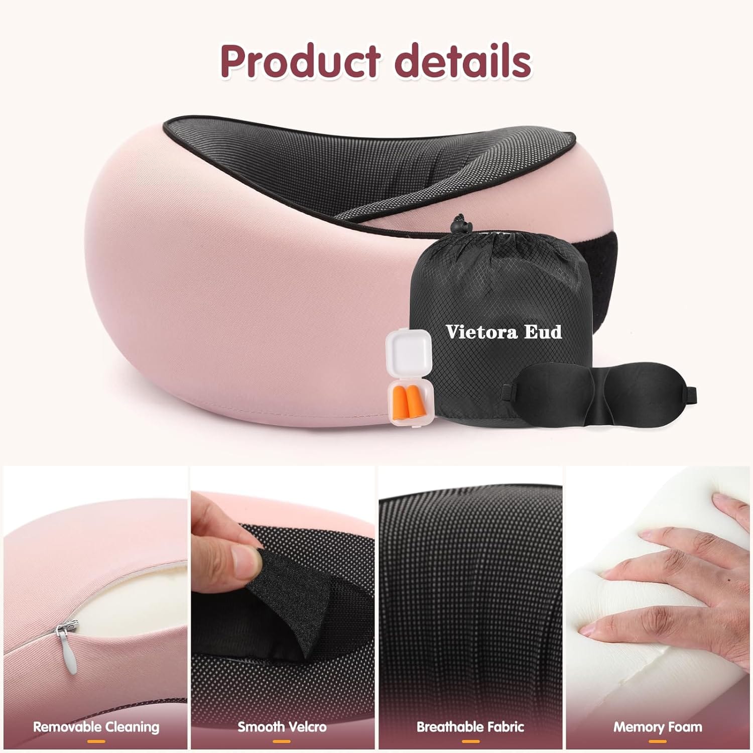 Vietora Eud Travel Neck Pillow, Memory Foam Neck Support for Airplane, Car & Office, Breathable Portable Design with Eye Mask, Earplug Holder & Carry Bag, Gift for Women - 5