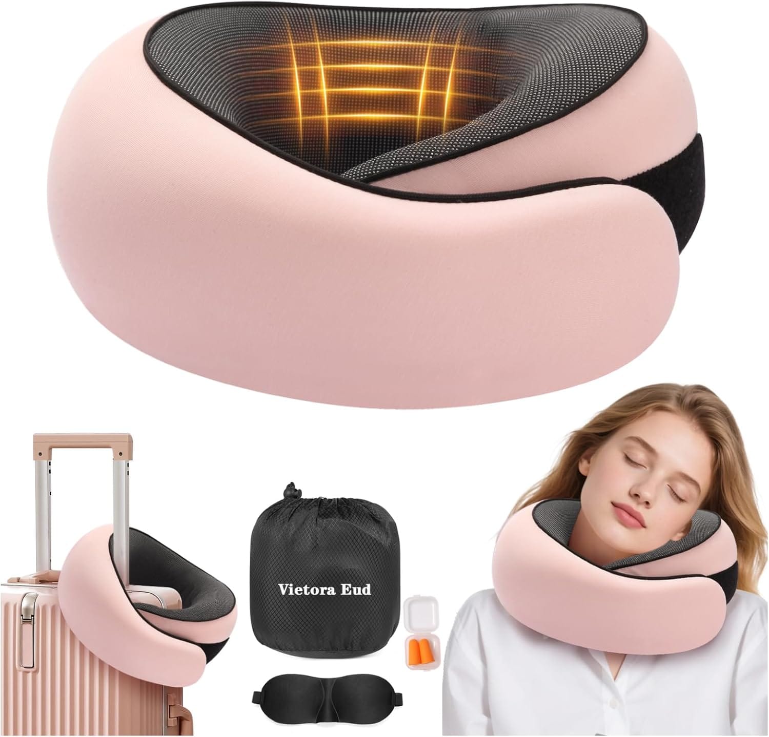 Vietora Eud Travel Neck Pillow, Memory Foam Neck Support for Airplane, Car & Office, Breathable Portable Design with Eye Mask, Earplug Holder & Carry Bag, Gift for Women - 8