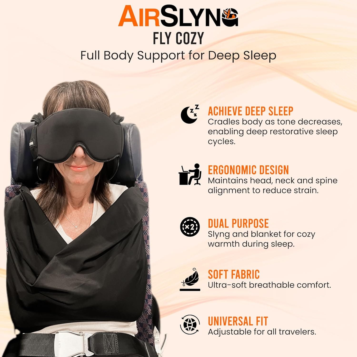 3-in-1 Airplane Sleep Support System - Integrated Plane Sleeping Accessories with Memory Foam Long Haul Flight Pillow, Adjustable Travel Eye Mask, and Blanket-Like Body Sling - 6