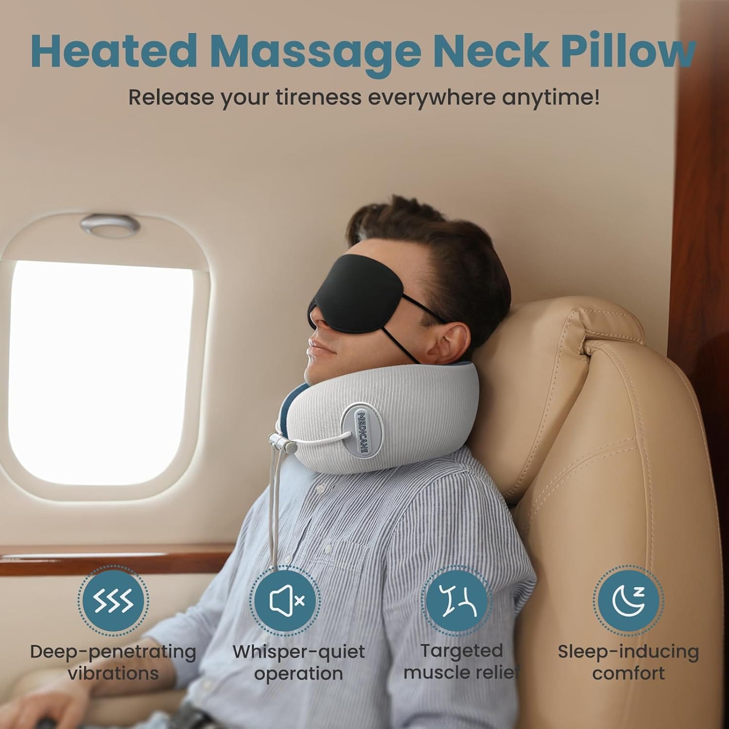 Medicane Neck Travel Pillow with Massage, Neck Massager with Heat & Gentle Vibration Massage, Ergonomic Memory Foam with Comfortable Eye Mask, Perfect for Airplane - 2