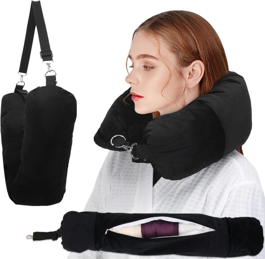 Stuffable Travel Pillow, Stuffable Neck Pillow for Travel, Neck Pillow Stuffed with Clothes Storage – No Extra Baggage Fees, Fits 5+ Days of Travel Essentials, No Filler (Black)