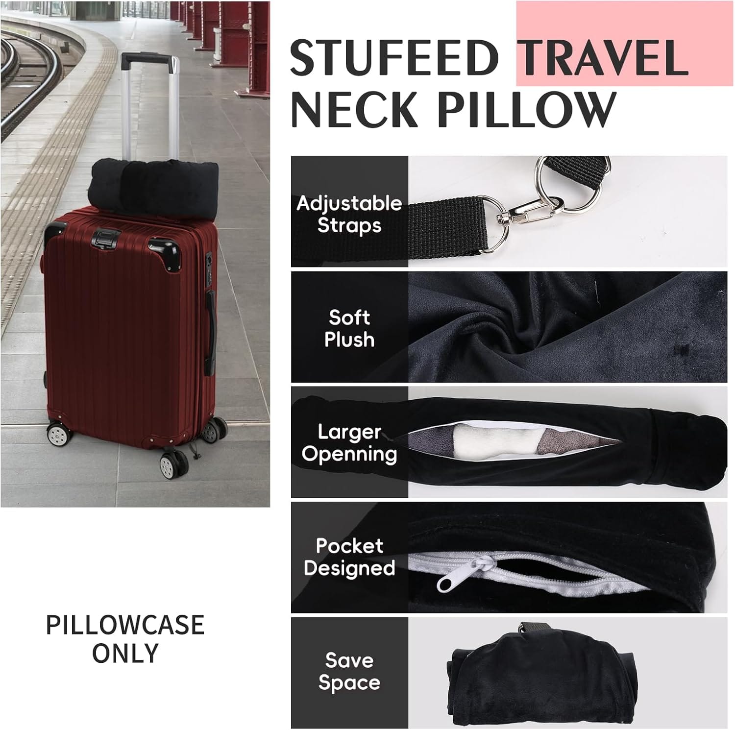 Stuffable Travel Pillow, Stuffable Neck Pillow for Travel, Neck Pillow Stuffed with Clothes Storage - No Extra Baggage Fees, Fits 5+ Days of Travel Essentials, No Filler - 3