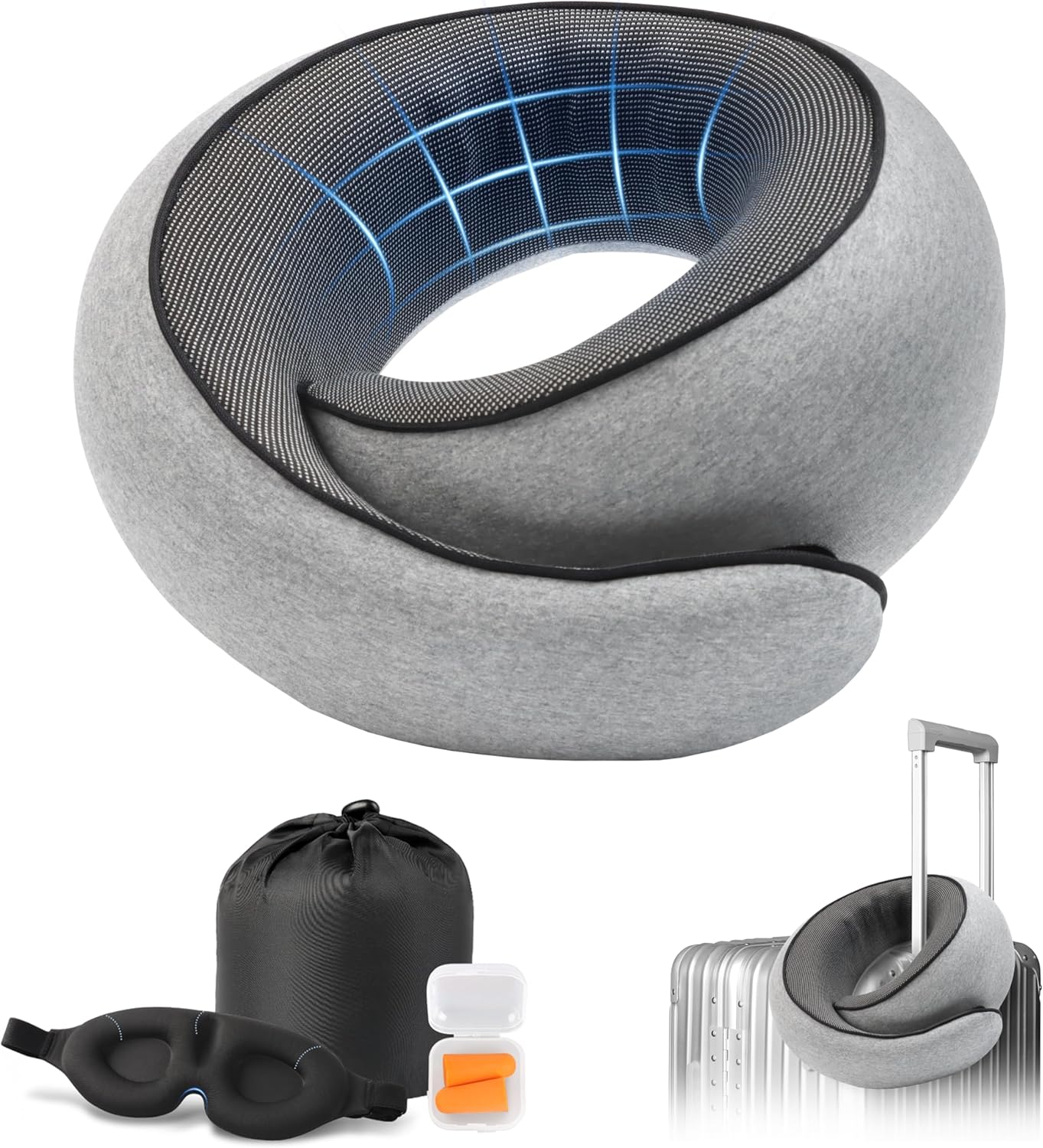 Travel Neck Pillow with 100% Pure Memory Foam, G-Shape, Includes Eye Mask & Ear Plugs, Ergonomic Design for Airplane, Car & Office, etc, Beige Gray - 1