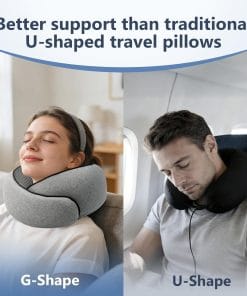 Travel Neck Pillow with 100% Pure Memory Foam, G-Shape, Includes Eye Mask & Ear Plugs, Ergonomic Design for Airplane, Car & Office, etc, Beige Gray - 2