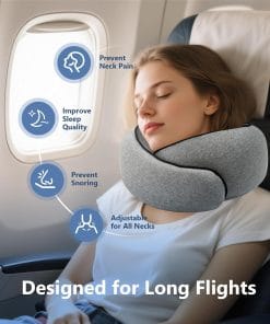 Travel Neck Pillow with 100% Pure Memory Foam, G-Shape, Includes Eye Mask & Ear Plugs, Ergonomic Design for Airplane, Car & Office, etc, Beige Gray - 3