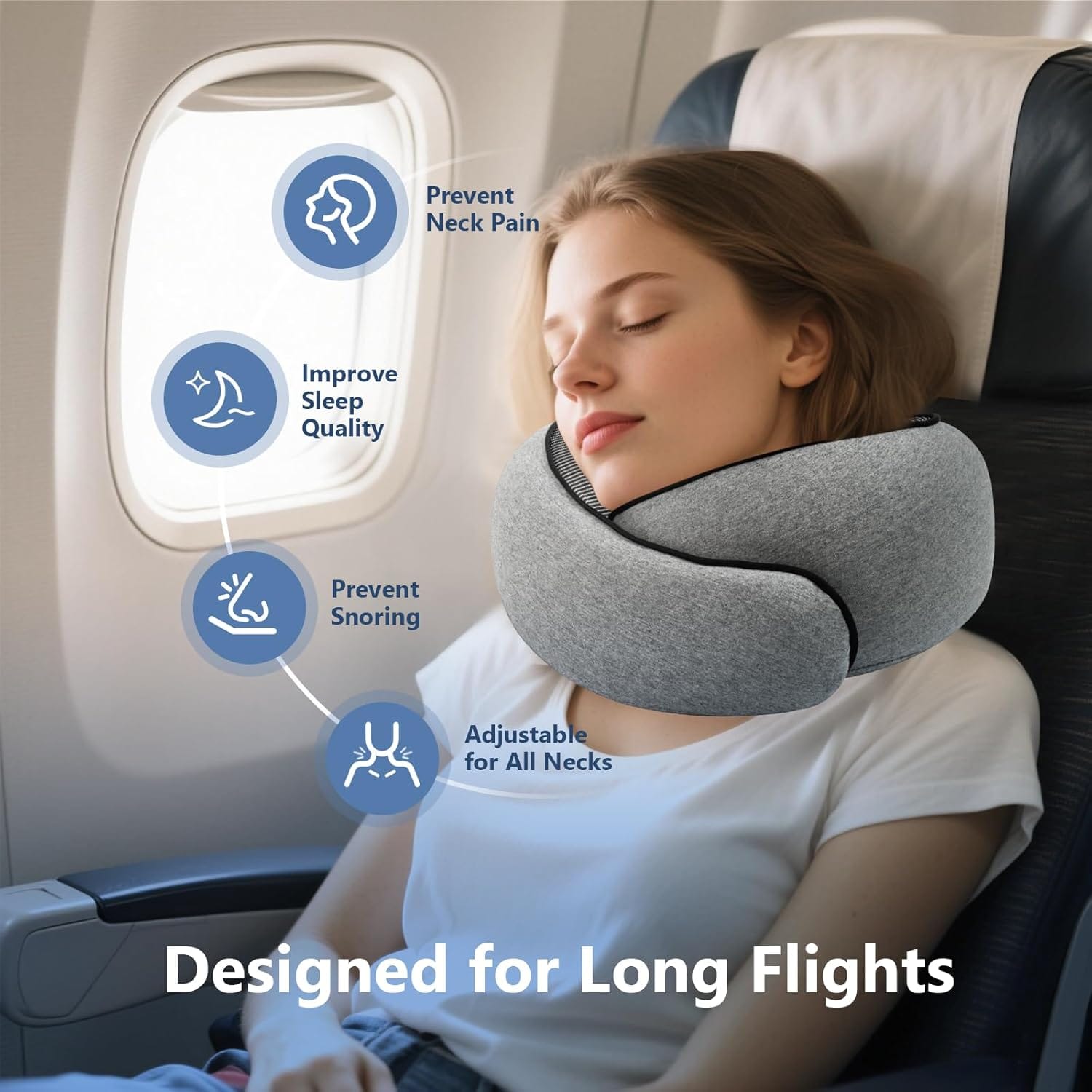 Travel Neck Pillow with 100% Pure Memory Foam, G-Shape, Includes Eye Mask & Ear Plugs, Ergonomic Design for Airplane, Car & Office, etc, Beige Gray - 3