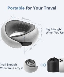 Travel Neck Pillow with 100% Pure Memory Foam, G-Shape, Includes Eye Mask & Ear Plugs, Ergonomic Design for Airplane, Car & Office, etc, Beige Gray - 6