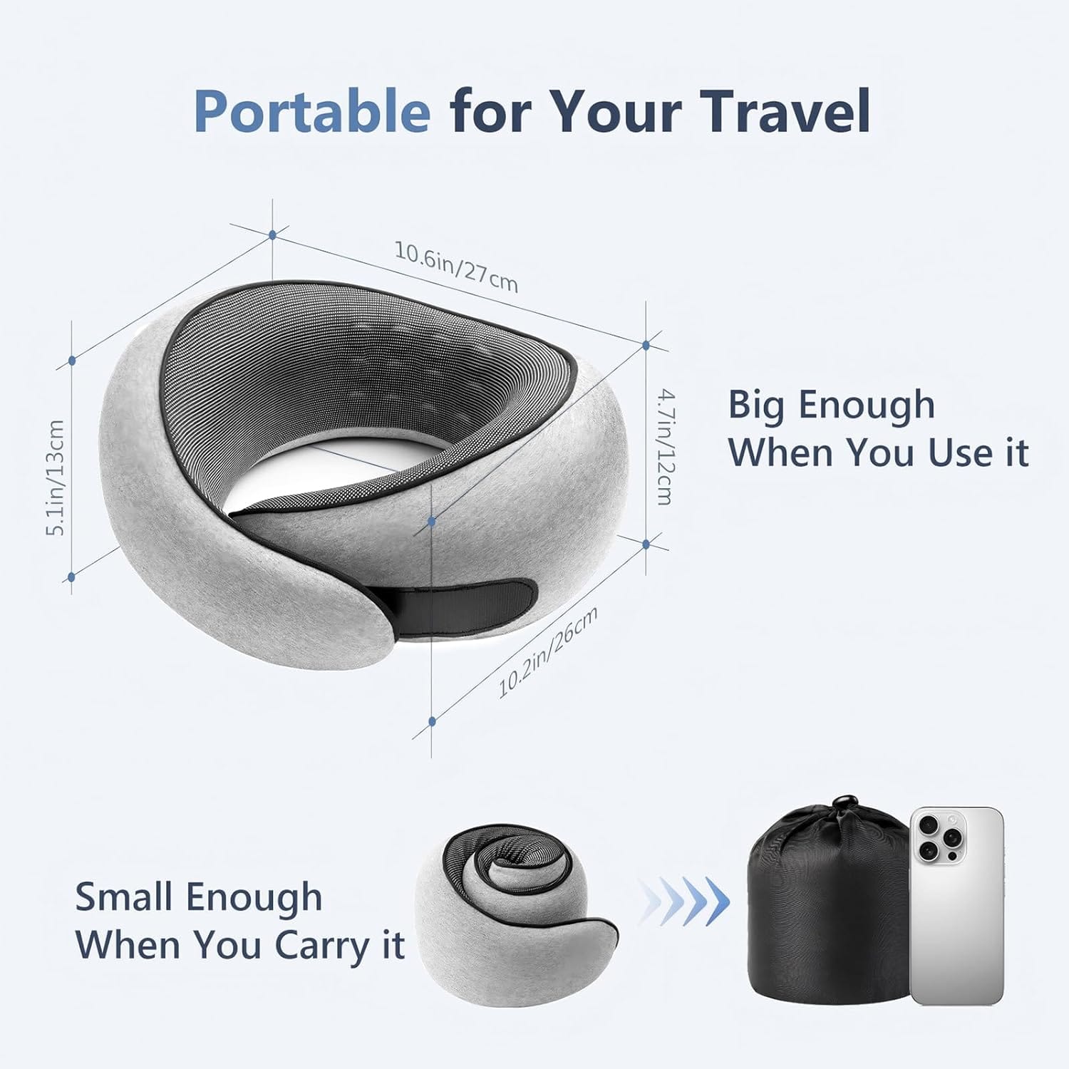 Travel Neck Pillow with 100% Pure Memory Foam, G-Shape, Includes Eye Mask & Ear Plugs, Ergonomic Design for Airplane, Car & Office, etc, Beige Gray - 6