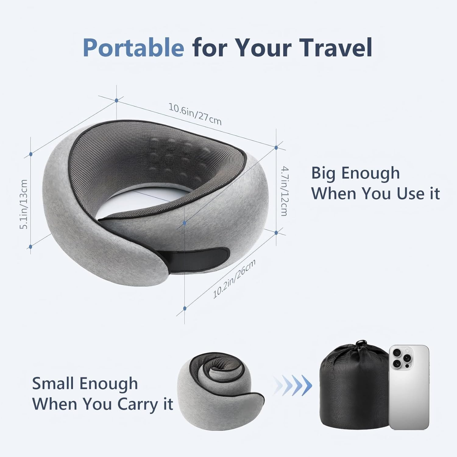 Travel Neck Pillow with 100% Pure Memory Foam, G-Shape, Includes Eye Mask & Ear Plugs, Ergonomic Design for Airplane, Car & Office, etc, Beige Gray - 7