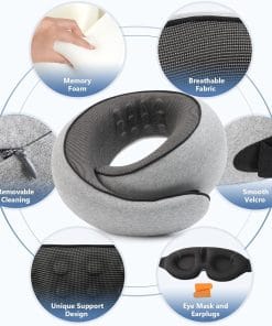 Travel Neck Pillow with 100% Pure Memory Foam, G-Shape, Includes Eye Mask & Ear Plugs, Ergonomic Design for Airplane, Car & Office, etc, Beige Gray - 8