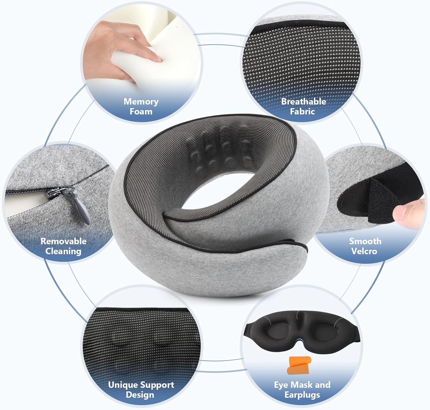 Travel Neck Pillow with 100% Pure Memory Foam, G-Shape, Includes Eye Mask & Ear Plugs, Ergonomic Design for Airplane, Car & Office, etc, Beige Gray - 8