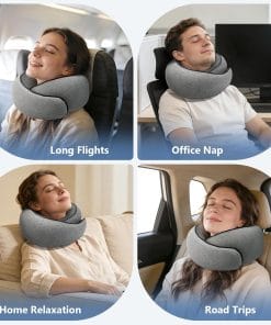 Travel Neck Pillow with 100% Pure Memory Foam, G-Shape, Includes Eye Mask & Ear Plugs, Ergonomic Design for Airplane, Car & Office, etc, Beige Gray - 9