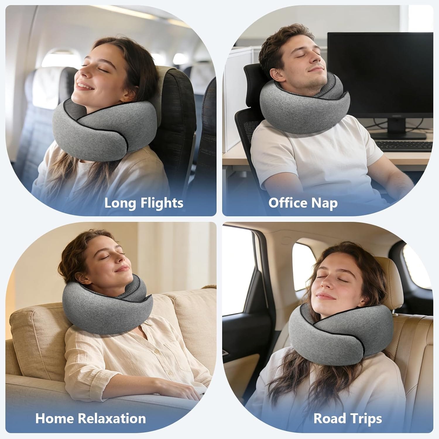 Travel Neck Pillow with 100% Pure Memory Foam, G-Shape, Includes Eye Mask & Ear Plugs, Ergonomic Design for Airplane, Car & Office, etc, Beige Gray - 9