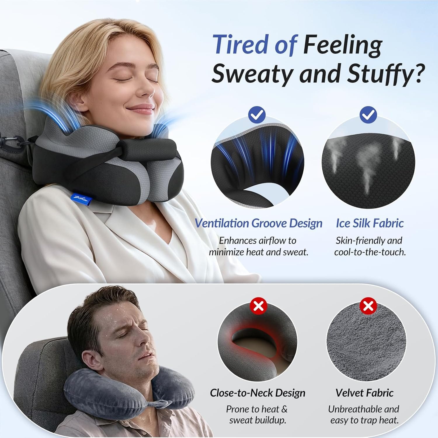 ZIKEE Ergonomic Travel Neck Pillow for Airplane, Dual-Hold Design to Stabilize Head and Neck on Flights, Ear-Free Memory Foam Airplane Travel Pillow, Quality Carrying Case - 4