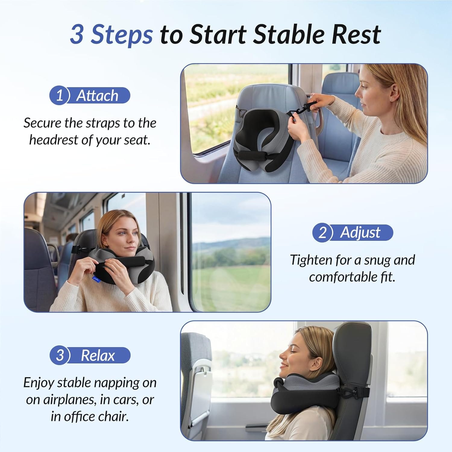 ZIKEE Ergonomic Travel Neck Pillow for Airplane, Dual-Hold Design to Stabilize Head and Neck on Flights, Ear-Free Memory Foam Airplane Travel Pillow, Quality Carrying Case - 8