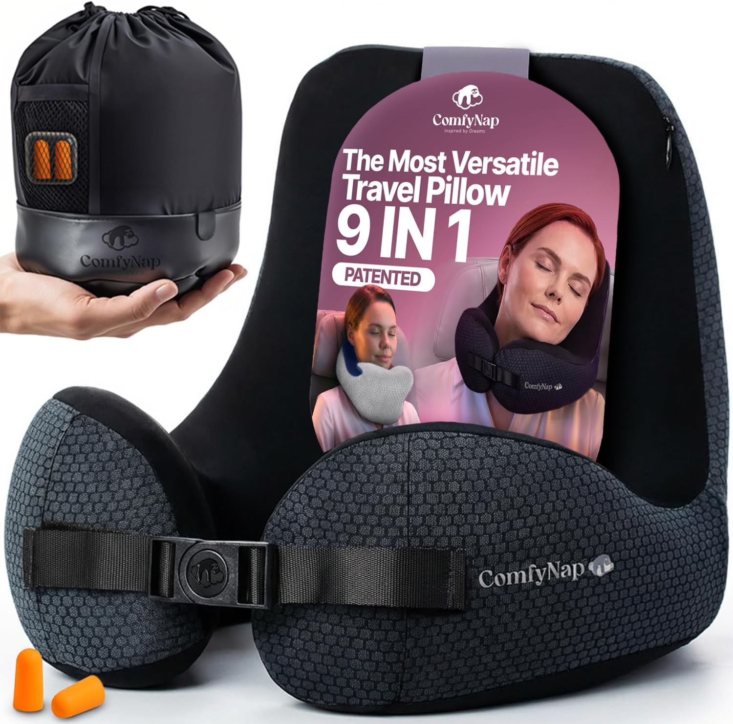 ComfyNap® Versatile Travel Neck Pillow for Airplane [Patented], 9 Positions in 3 Techniques, Plane Pillow with Pure Memory Foam, Travel Pillow with HeadRest Flight Sleep, Travel Essential - 1
