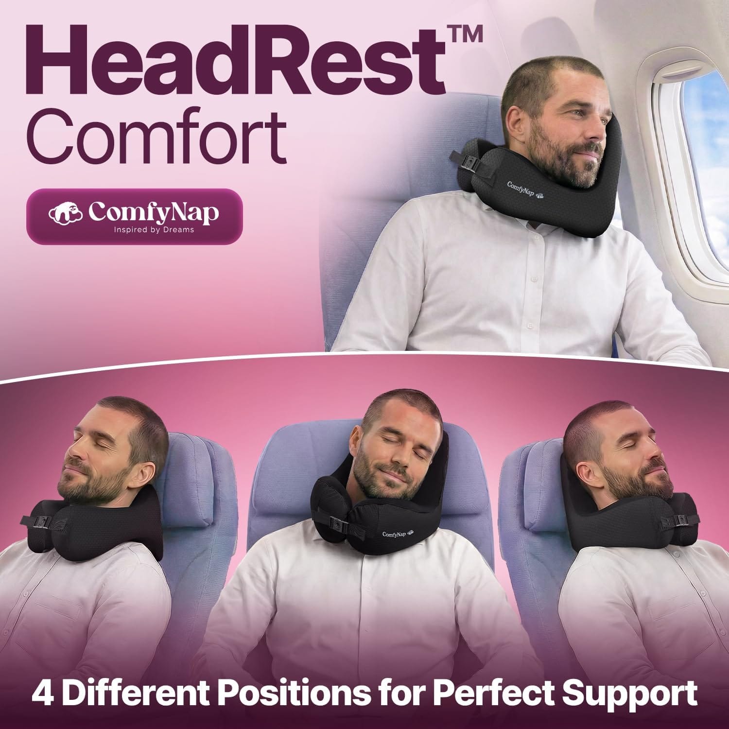 ComfyNap® Versatile Travel Neck Pillow for Airplane [Patented], 9 Positions in 3 Techniques, Plane Pillow with Pure Memory Foam, Travel Pillow with HeadRest Flight Sleep, Travel Essential - Mercury - Image 5