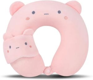 Kids Neck Pillow for Travel with Sleep Eye Mask, Cute Travel Neck Pillow, Memory Foam Flight Sleeping Headrest Pillow for Boys & Girls, Airplane, Train, Car, Home Use - Peach Bear - 1