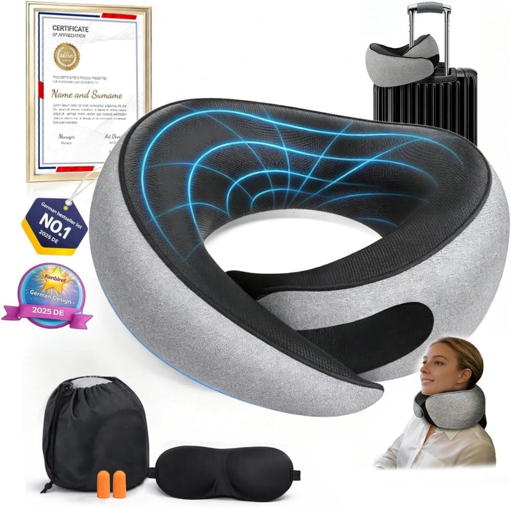 Memory Foam Travel Neck Pillow – Ergonomic Airplane Pillow with 360° Head Support | Includes Eye Mask & Ear Plugs | Ultra Portable Neck Pillow Airplane for Flights & Cars(Gray)