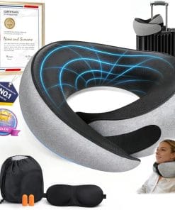 Memory Foam Travel Neck Pillow – Ergonomic Airplane Pillow with 360° Head Support - Includes Eye Mask & Ear Plugs - Ultra Portable Neck Pillow Airplane for Flights & Cars - 1