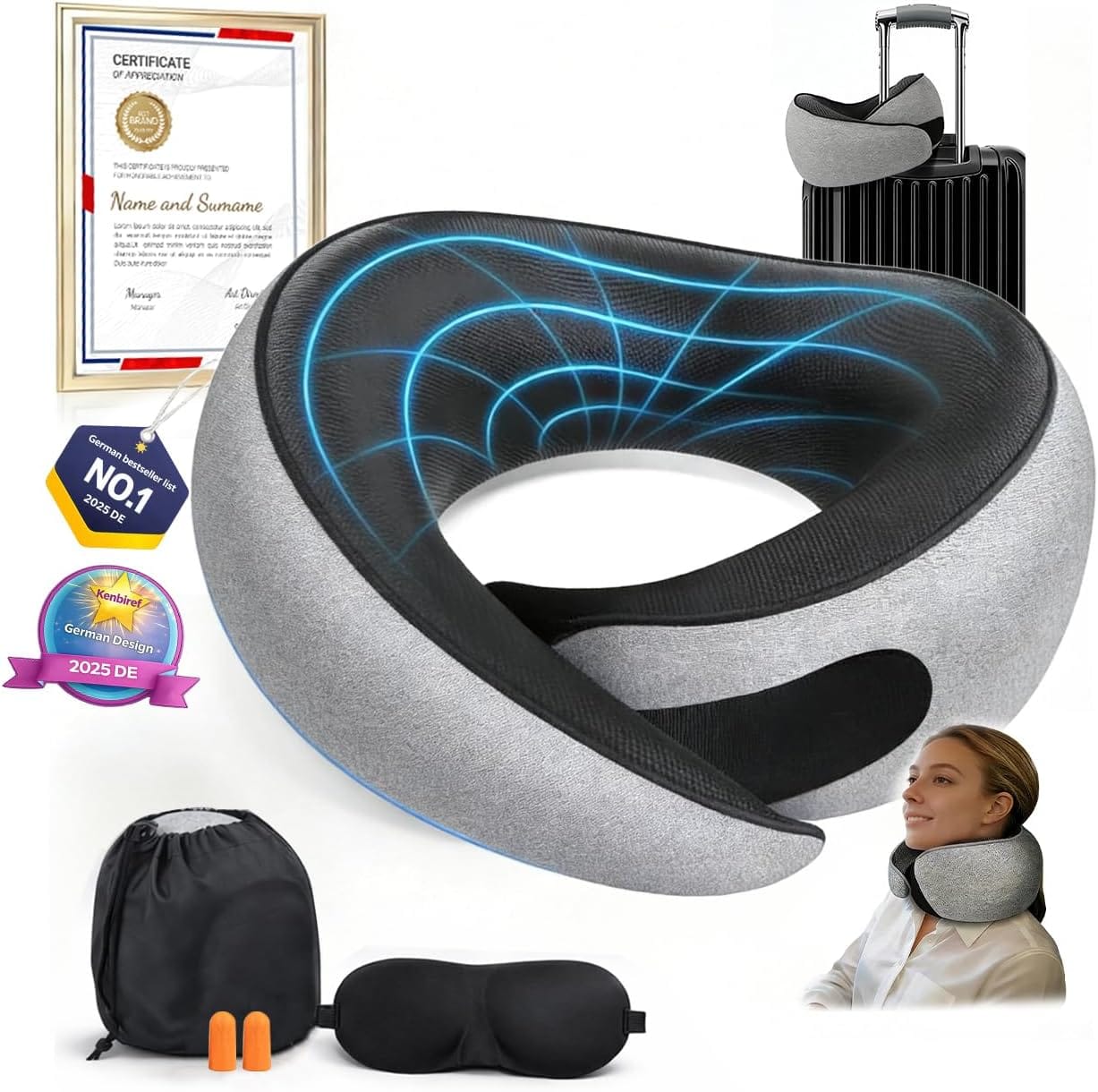 Memory Foam Travel Neck Pillow – Ergonomic Airplane Pillow with 360° Head Support - Includes Eye Mask & Ear Plugs - Ultra Portable Neck Pillow Airplane for Flights & Cars - 1