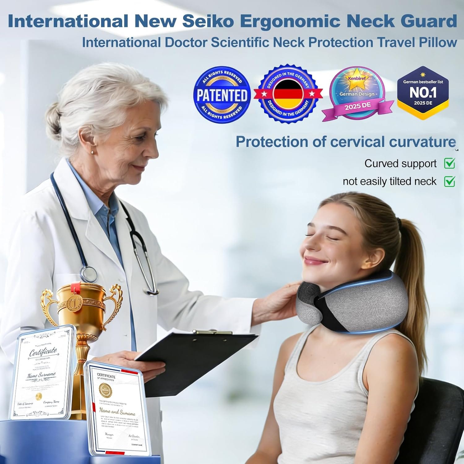 Memory Foam Travel Neck Pillow – Ergonomic Airplane Pillow with 360° Head Support | Includes Eye Mask & Ear Plugs | Ultra Portable Neck Pillow Airplane for Flights & Cars(Gray) - Image 8